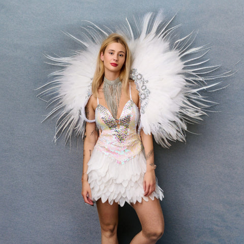 White Showgirl Dance Costumes for Hire | Headdress feather fans