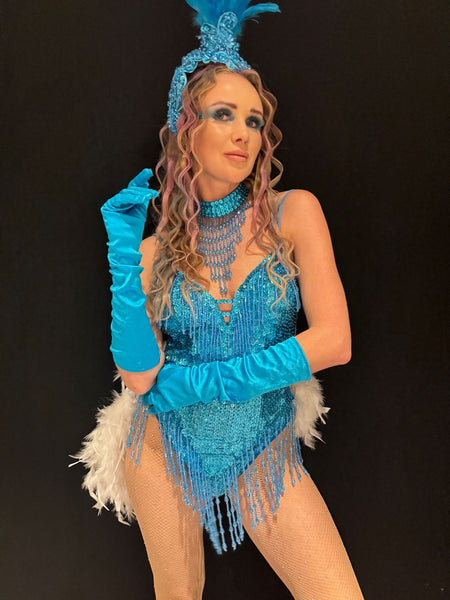 Turquoise showgirl costume hire