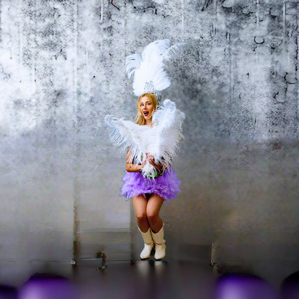 White And Purple Showgirl Dance Costumes for Hire | Headdress feather fans