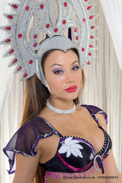 Silver Bollywood dance costumes for hire | Indian Showgirl Headdress Zoe London Indian Dance Outfits for Rent