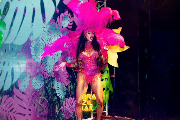Magenta Showgirl Costume for Hire | Feather Fans Sequin Zoe London Dancer Outfits rent Media TV show