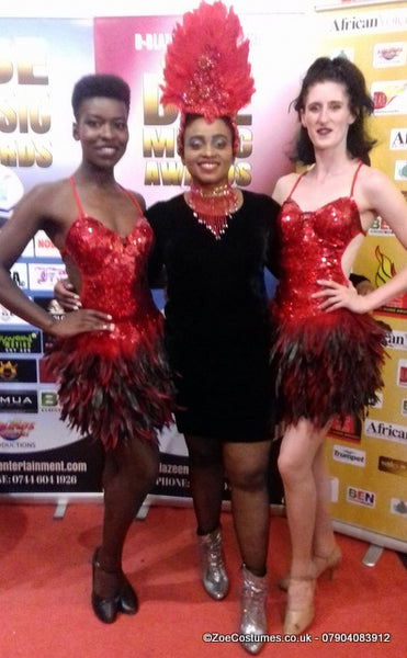 Red feather dress for hire / Zoe Costumes