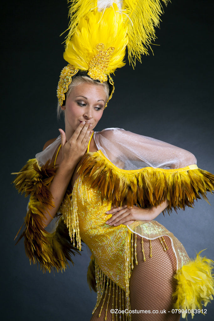 Yellow feather cape for hire