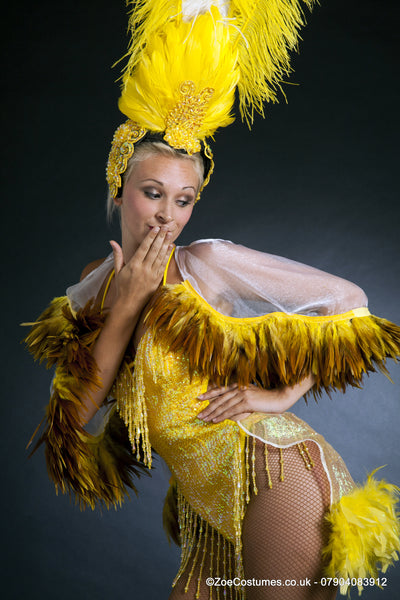Yellow feather cape for hire