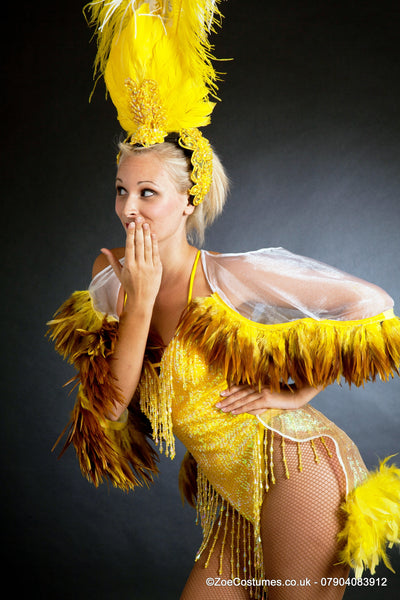 Yellow feathers Showgirl Dancer Costume for Hire | Zoe London Dance Costumes for Hire