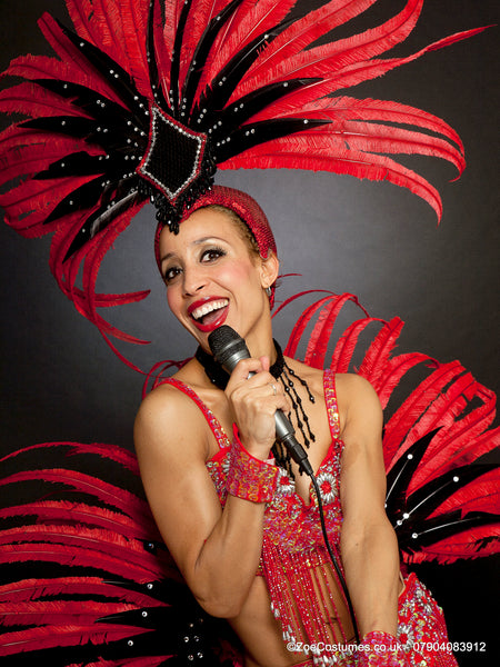 Latin Showgirl Red Costume for hire | Read feather fans headdress Zoe London Dance Costumes