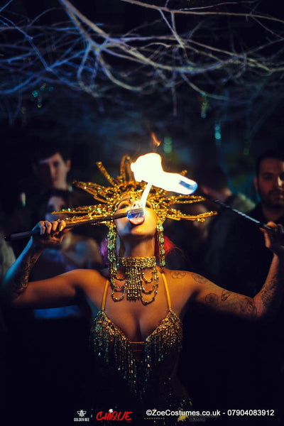 Gold Showgirl Dance Costume for Hire | Carnival Dancer Outfit for Rent in size 8 - 12 | Zoe London Costumes Hire