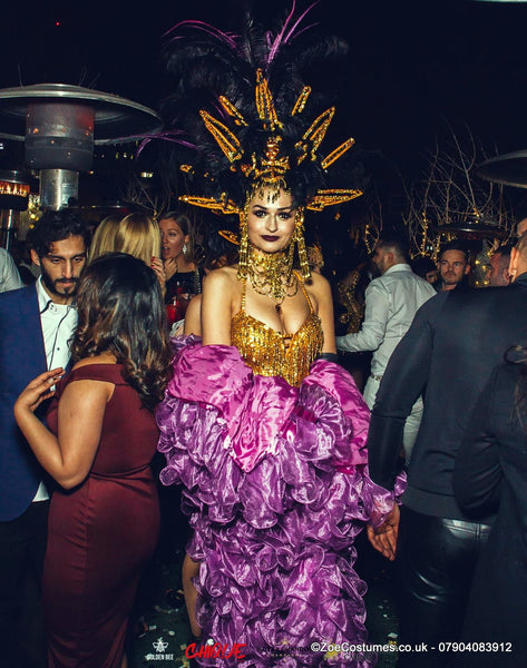 Gold Showgirl Dance Headdress for Hire | Carnival Dancer Outfit for Rent in size 8 - 12 | Zoe London Costumes Hire