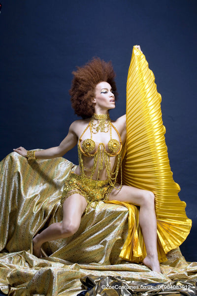Gold Showgirl Dance outfits for Hire | Carnival Dancer Costumes for Rent| Zoe London Costumes Hire
