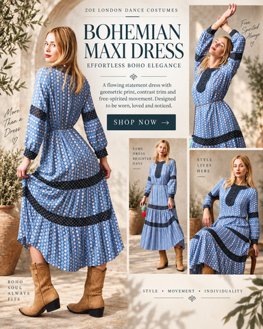 Blue-geometric -bohemian-maxi dress with navy trim and tassel waist tie - Zoe London Wearable Art Collection 
