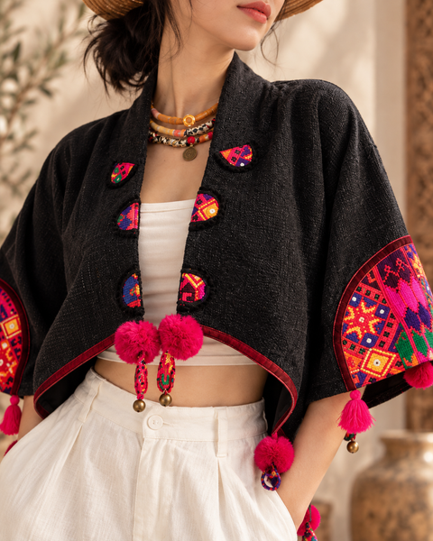 lack boho jacket, embroidered cropped jacket, cropped boho jacket, wearable art, folk-inspired jacket, artisan clothing, colourful embroidery, statement jacket, womens boho jacket, festival jacket, embroidered jacket, tassel jacket, bohemian jacket