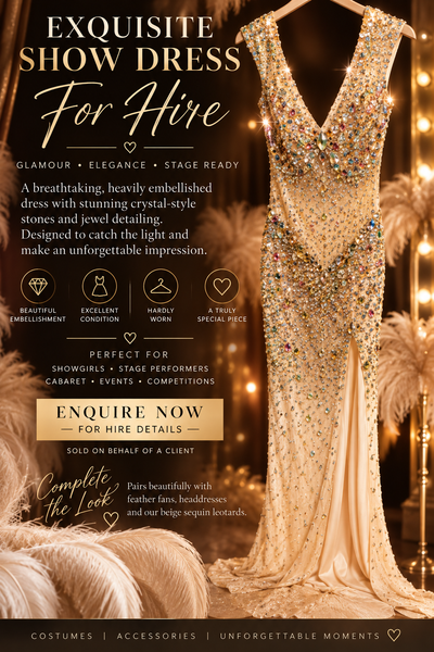 Long beige Luxury show dress for hire with rhinestone and jewel embellishment