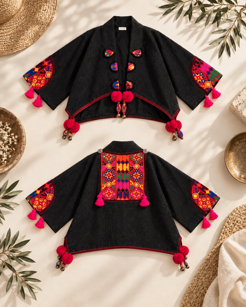 lack boho jacket, embroidered cropped jacket, cropped boho jacket, wearable art, folk-inspired jacket, artisan clothing, colourful embroidery, statement jacket, womens boho jacket, festival jacket, embroidered jacket, tassel jacket, bohemian jacket