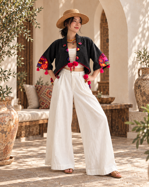 lack boho jacket, embroidered cropped jacket, cropped boho jacket, wearable art, folk-inspired jacket, artisan clothing, colourful embroidery, statement jacket, womens boho jacket, festival jacket, embroidered jacket, tassel jacket, bohemian jacket