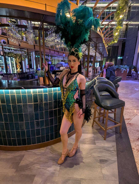 Green , Black and Gold Vegas Feathered Showgirl Costume For Hire 