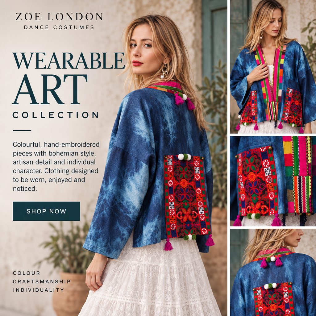 Indigo hand-embroidered boho jacket with colourful woven trim tassel - Zoe London Wearable Art Collection 