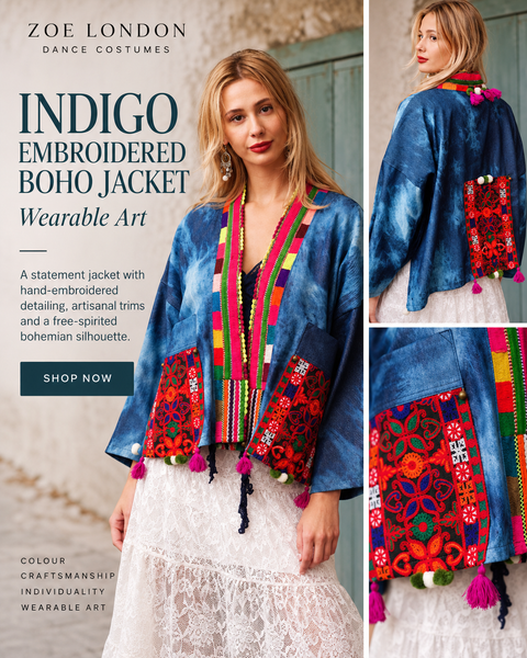 Indigo hand-embroidered boho jacket with colourful woven trim tassel - Zoe London Wearable Art Collection 
