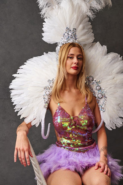 Purple Feather showgirl costume for hire / Zoe London Costume Hire