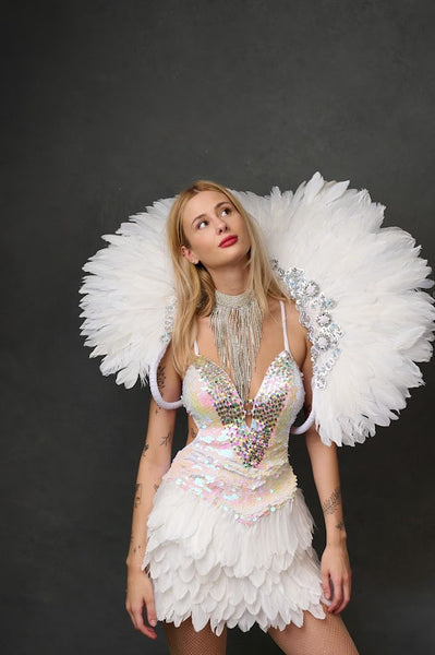 White Feather Back Packs for hire Feather Fans hire Notting Hill Carnival Showgirl Costumes for Hire | Zoe London Outfits Rent
