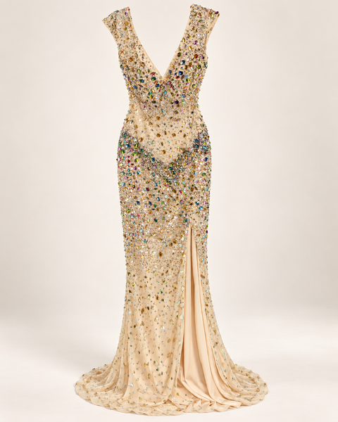 Long beige Luxury show dress for hire with rhinestone and jewel embellishment