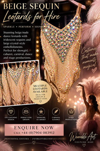 Luxury burlesque showgirl leotard for hire with beige sequins and crystal -style embellishment.