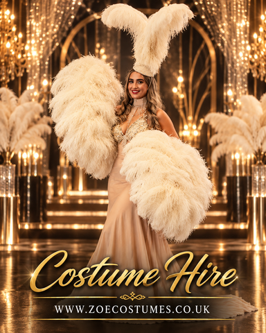Luxury Ivory Feather Showgirl fans for hire with elegant cream plumes 