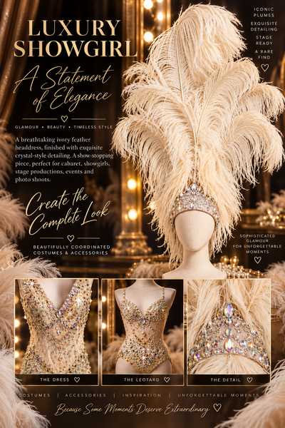 Luxury Ivory Feather Showgirl Headdress with jewwled cream headpeice, champagne dress and matching leotard 