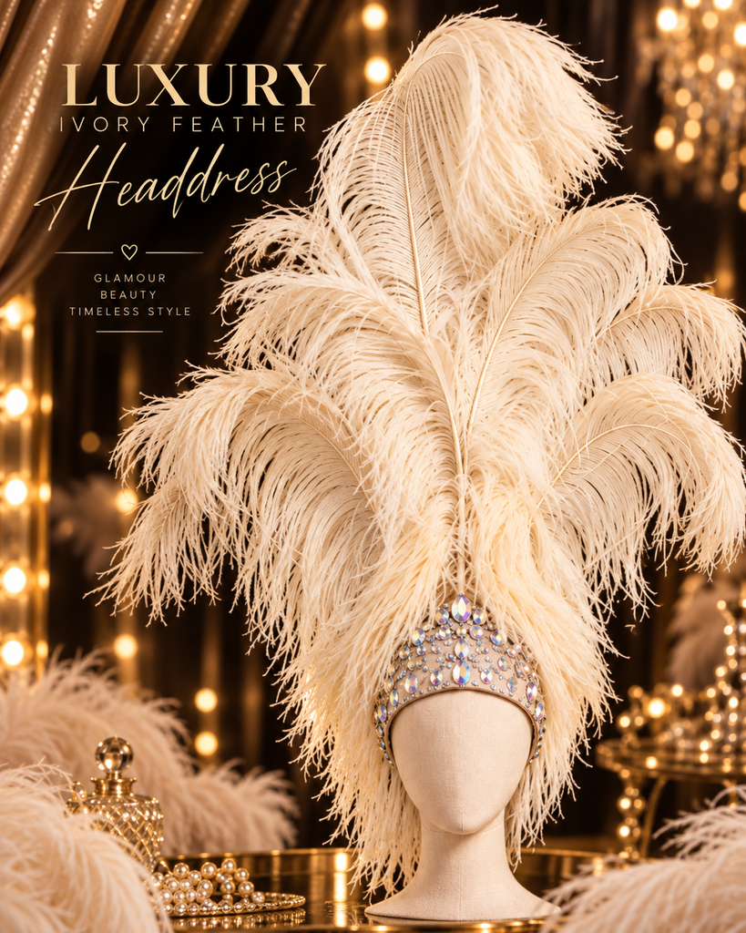 Luxury Ivory Feather Showgirl Headdress with jewwled cream headpeice, champagne dress and matching leotard 