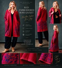 Red Hand-Embroidered Boho Jacket – Wearable Art
