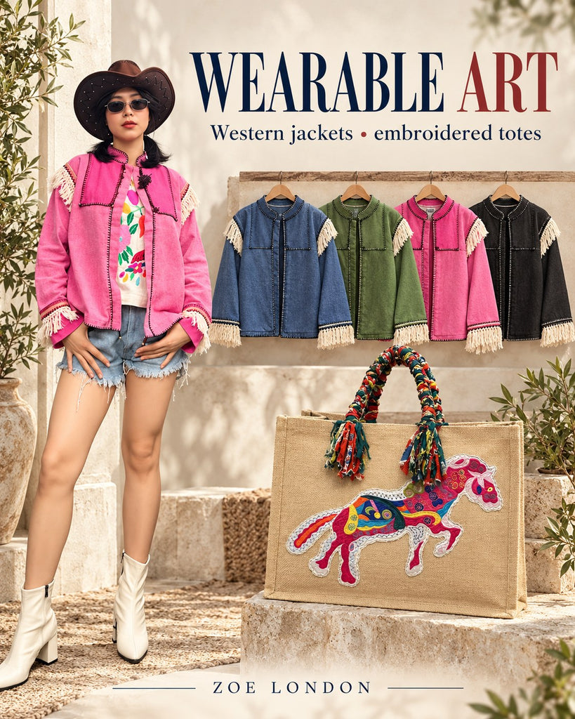 Wearable Art: Western jackets • embroidered totes' by Zoe London, featuring a model in a pink embroidered jacket and cowboy hat, with four more jackets displayed on a wall and an embroidered tote bag in the foreground.