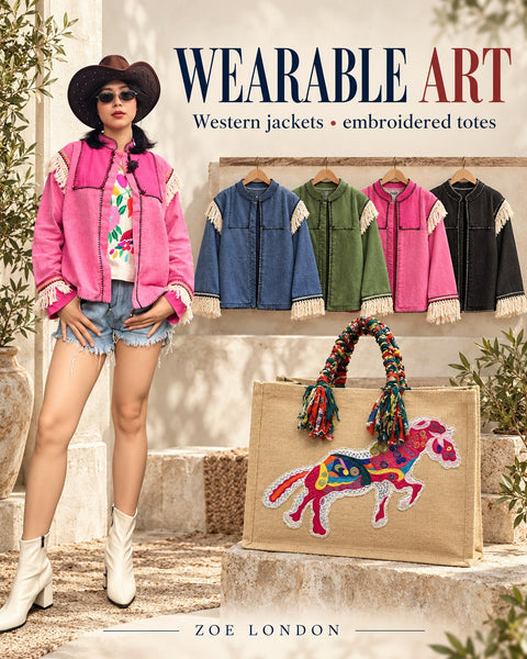 Wearable Art: Western jackets • embroidered totes' by Zoe London, featuring a model in a pink embroidered jacket and cowboy hat, with four more jackets displayed on a wall and an embroidered tote bag in the foreground.