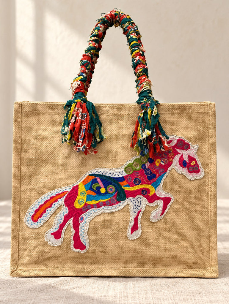 Embroidered Horse Jute Tote Bag