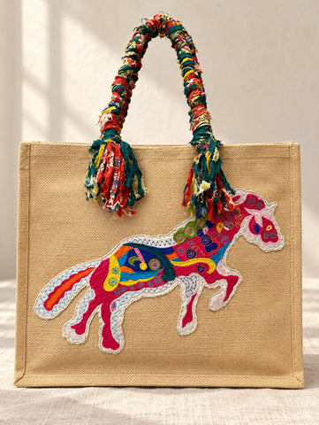 Embroidered Horse Jute Tote Bag