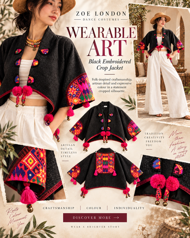 black boho jacket, embroidered cropped jacket, cropped boho jacket, wearable art, folk-inspired jacket, artisan clothing, colourful embroidery, statement jacket, womens boho jacket, festival jacket, embroidered jacket, tassel jacket, bohemian jacket