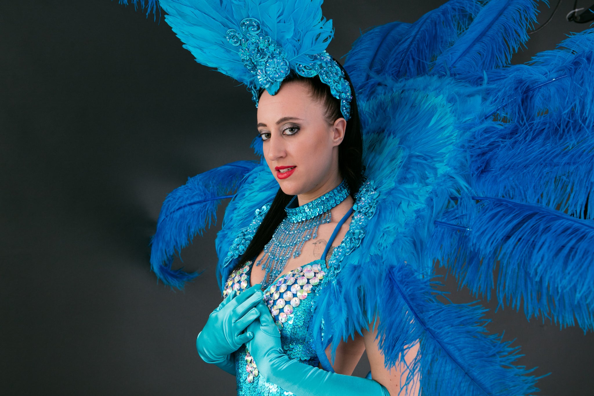 Blue Notting Hill Carnival Dancer Costume Hire Showgirls Outfits Rent Blue sizes 6 - 16 SALE