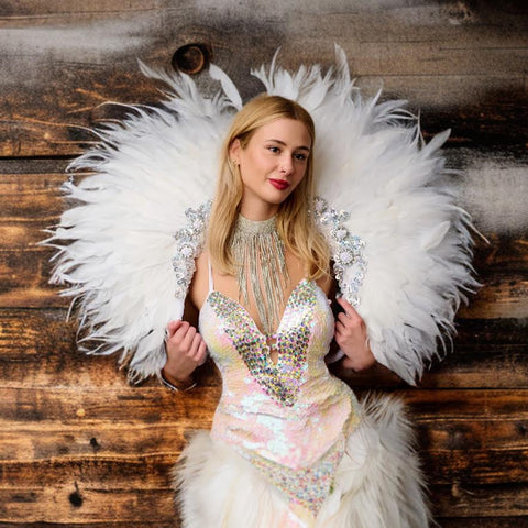 White Feather Back Packs for hire Feather Fans hire Notting Hill Carnival Showgirl Costumes for Hire | Zoe London Outfits Rent
