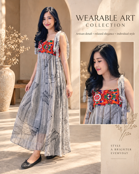 Grey embroidered chiffon boho dress portrait - Zoe London Wearable Art Collection