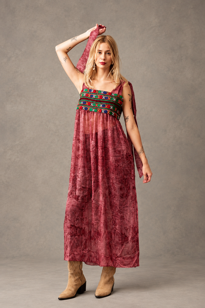 Full-length burgundy chiffon boho dress with hand-embroidered bodice - Zoe London Wearable Art Collection