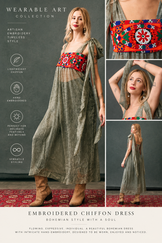 Wearable Art Collection poster featuring hand-embroidered chiffon boho dress