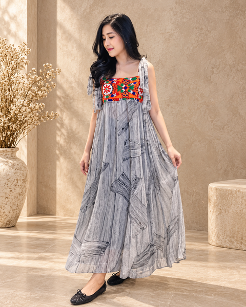 
Grey embroidered chiffon boho dress portrait - Zoe London Wearable Art Collection