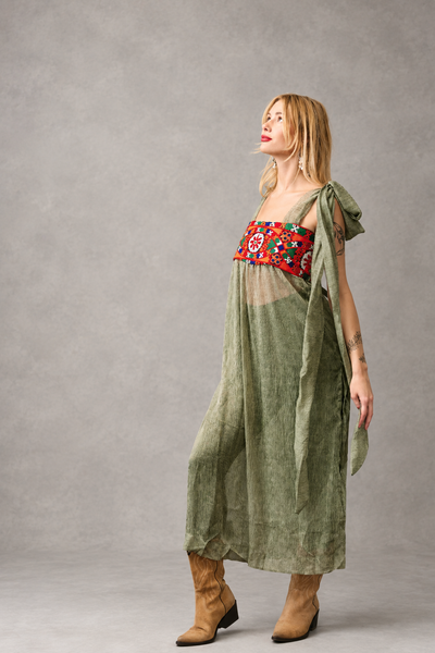 Full-length olive chiffon boho dress with colourful hand-embroidered bodice - Zoe London Wearable Art Collection