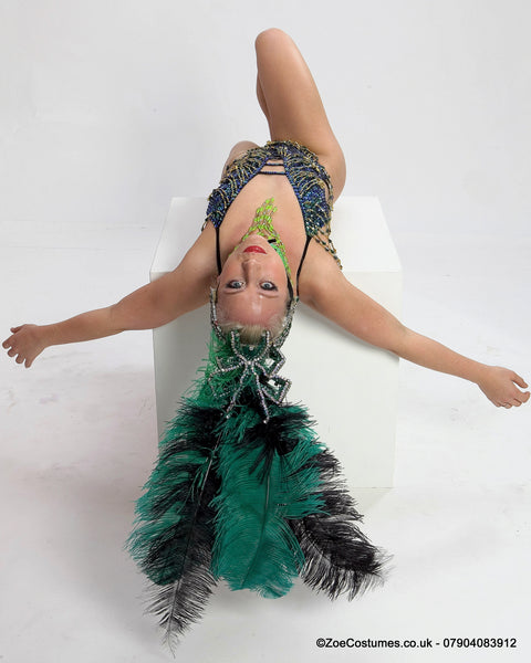 Green Feather Fans Showgirl Costume for Hire | Zoe London Costumes for Hire Notting Hill outfit offer