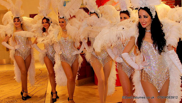 Gold Feather Fans hire Notting Hill Carnival Showgirl Costumes for Hire | Zoe London Outfits Rent