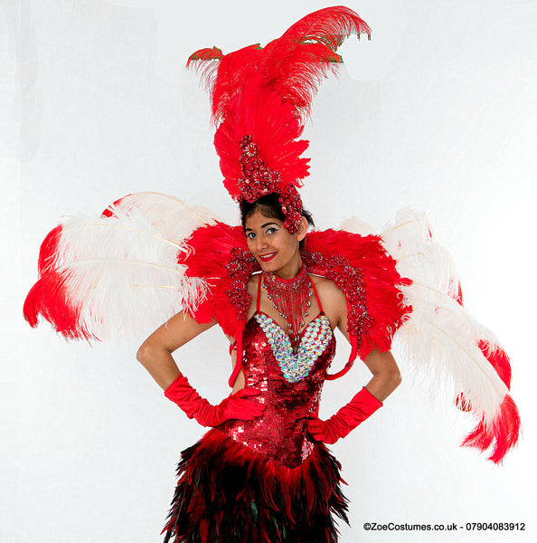 Red Feather Showgirl Costume for Hire | Zoe London Dance Costumes for Rent