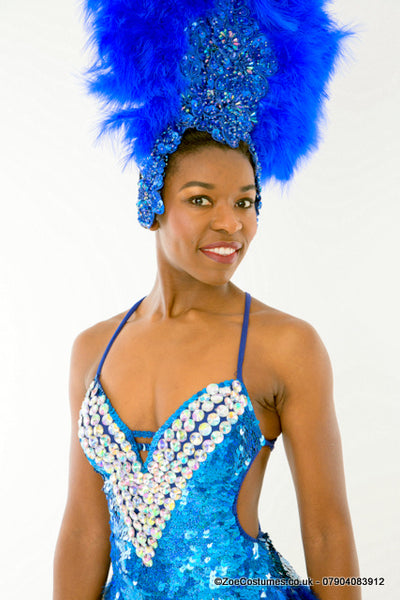 Blue Showgirl Dance Costumes for Hire | Blue Feathers Headdress feather fans