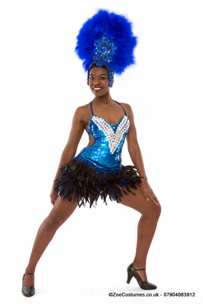 Blue Showgirl Outfits for Hire | Blue Headdress feather fans London