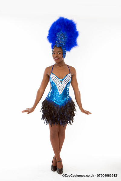 Blue Showgirl Costumes for Hire | Blue Headdress feather fans London
