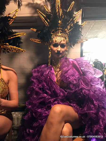Gold Showgirl Costume for Rent | Purple Feather fans Carnival Dancer Outfit for rent | Zoe London Costumes Hire