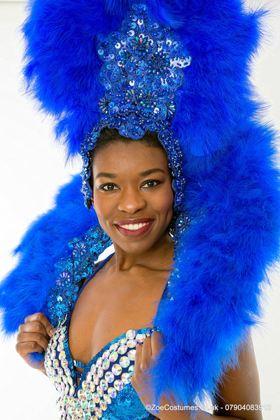 Blue Showgirl Dance Costume for Hire | Headdress feather fans for Samba dancers