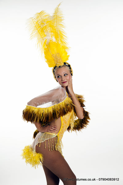 Yellow showgirl feather headpiece for hire
